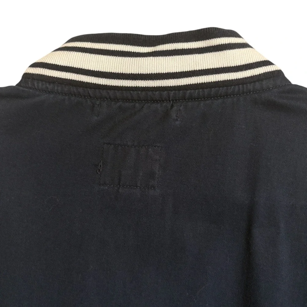 J.Crew Mens Navy Blue Cotton Varsity Bomber Jacket Striped Trim Size L Full Zip